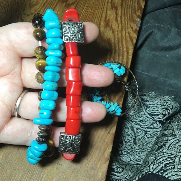 Handmade turquoise , coral hand wrapped bohemian three layer statement bracelet - Picture 5 of 9